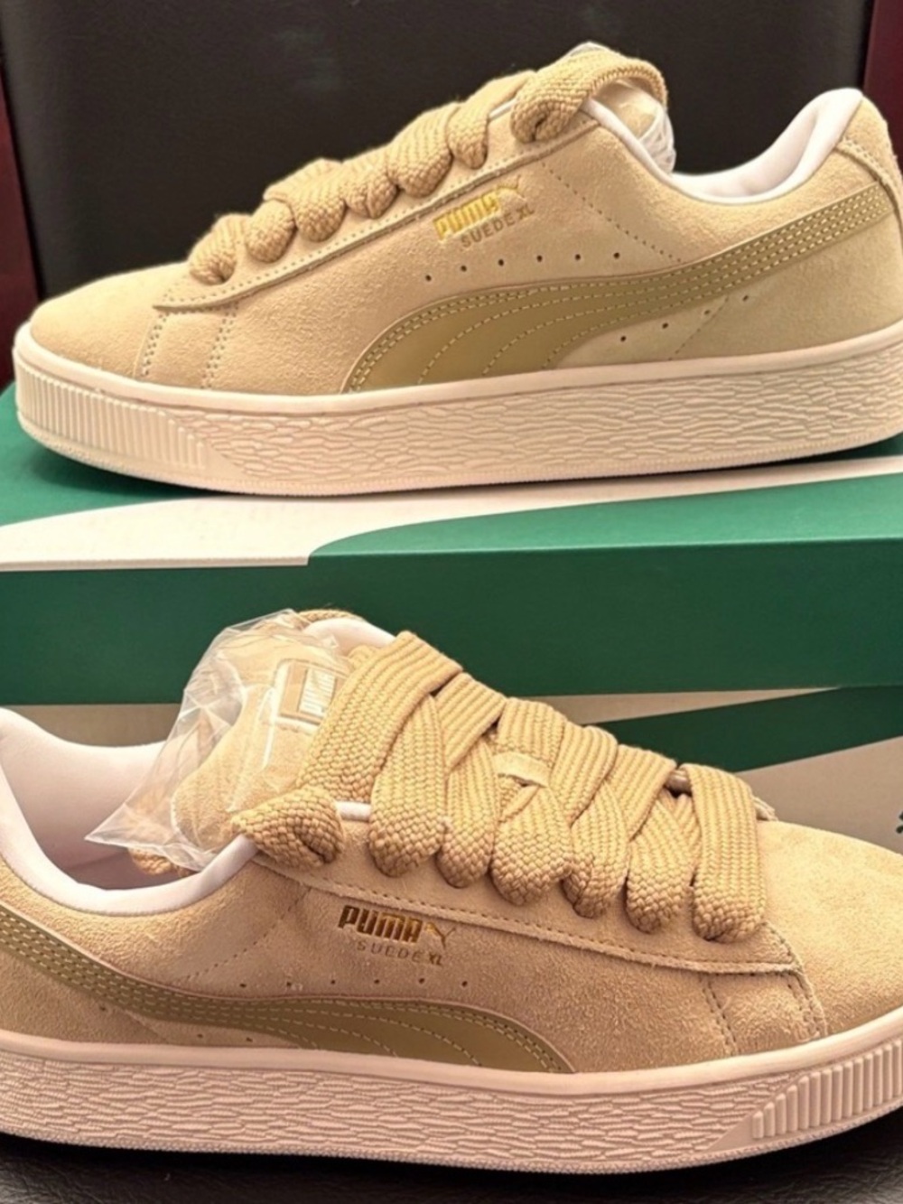 Puma Suede Platform Sneakers in Beige and Gold